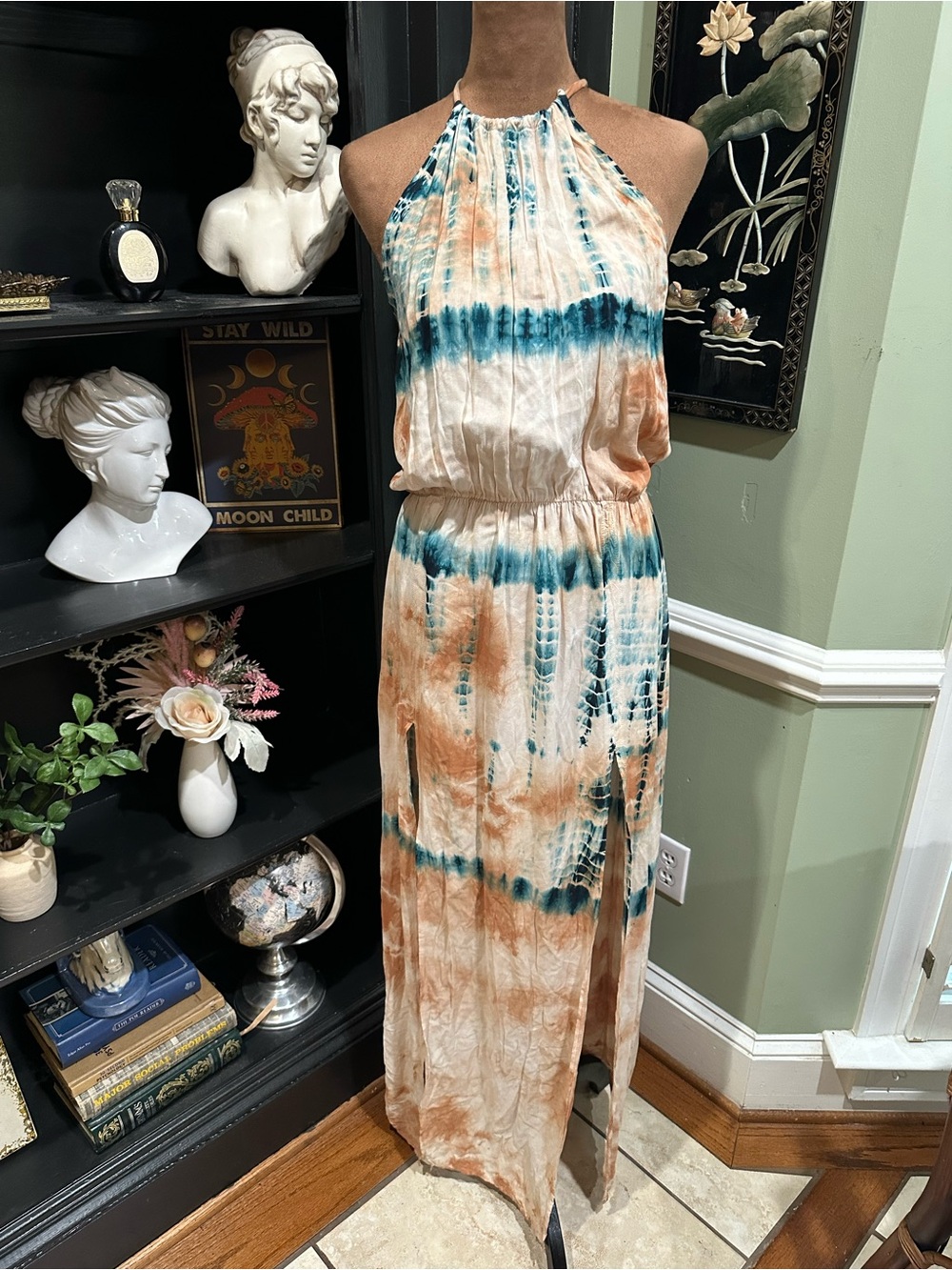 Blue Life Double Slit Halter Dress – Tan & Blue Tie Dye – Size Small